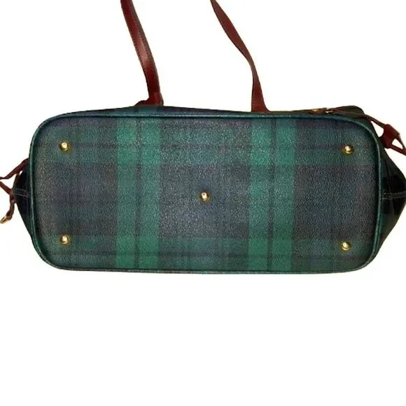 Black Watch Plaid Coated Canvas Leather Oversized Shoulder Bag Metal Feet